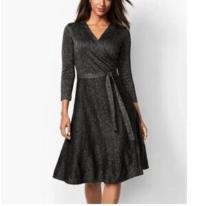 Talbots Wool Blend Black Silver Metallic Faux Wrap A-line Dress Sz M HolidayCore